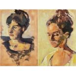 ‡ ROI SHAPIRO, two oils on board - portrait of lady in white dress, 33.5 x 24cm; another similar, 84