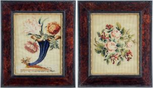 PAIR EARLY VICTORIAN WOOLWORK PICTURES, one depicting a cornucopia, the other a roses and