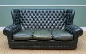 VICTORIAN-STYLE GREEN LEATHER WINGBACK SETTEE, 180cm w. Comments: leather creased and worn