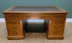 EDWARDIAN MAHOGANY PEDESTAL DESK, gilt tooled brown leather inset top, above arrangement of 9