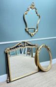 THREE VICTORIAN-STYLE GILT MIRRORS including Rococo c-scroll framed mirror, 86cm h; oval mirror with