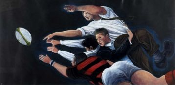 ‡ JAMES DONOVAN acrylic - four male figures reaching out to catch a rugby ball, signed with initials