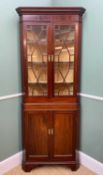 19TH CENTURY MAHOGANY STANDING CORNER CABINET, dentil cornice, astragal glazed door, cupboard