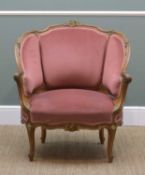 LOUIS XV STYLE BERGERE CHAIR, channel moulded frame with foliate and rocaille carving, pink velour