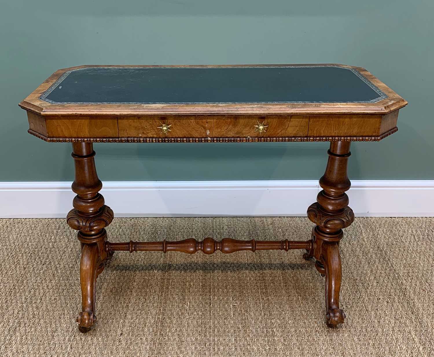 MID-VICTORIAN WALNUT TABLE, chamfered rectangular top inset with rexine writing surface, frieze - Image 4 of 4