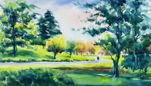 ‡ MARK MORGAN watercolour - landscape with figures walking, entitled verso ‘Towards the Swings,