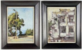 ‡ ROI SHAPIRO, two oils on board - landscape with streetlamp, signed, 33 x 24cm; building facade, 33