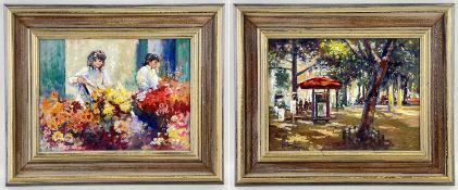 ‡ MATT BRUCE, two oils on board - Florists, signed, 29 x 39cms, Park in Amsterdam, signed, titled