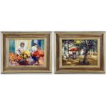 ‡ MATT BRUCE, two oils on board - Florists, signed, 29 x 39cms, Park in Amsterdam, signed, titled