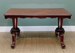 EARLY VICTORIAN WALNUT LIBRARY TABLE, moulded top above shaped fieze, tapering circular column