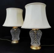 PAIR MODERN CUT GLASS TABLE LAMPS, gilt metal mounts, shades, 30cm h (2)