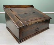 STAINED PINE CLERK'S DESK, angled fall above cash drawer with numerous coin bowls, 73w x 58d x