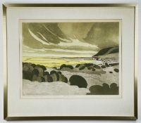 ‡ JOHN BRUNSDEN, artists proof (14/15) etching with colour - Dunes at Port Eynon Bay, signed, titled