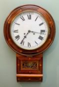 LATE 19TH CENTURY WALNUT & BOXWOOD STRUNG DROP DIAL CLOCK, with 11in. Roman dial, pressed brass