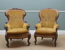 MATCHED PAIR OF WALNUT BALLOON BACK ARMCHAIRS, both with scrolled cresting rails, similarly