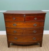 19TH CENTURY MAHOGANY BOWFRONT CHEST, fitted 2 short and 3 graduated long drawers, bracket feet,