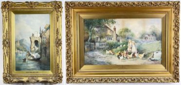 ARTHUR G WATTS / CHARLES JAMES KEATS, watercolours - 'Feeding the Chickens', signed and dated