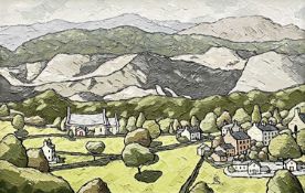 ALAN WILLIAMS, acrylic on canvas - church and nearby village in Snowdonia, entitled verso 'Llan