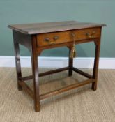 ANTIQUE OAK SIDE TABLE, two-plank moulded top, frieze drawer, caddy moulded square legs with bar