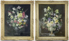 ‡ ALISON FERRY, oils on canvas - Still life of flowers in an urn, including iris, peony,