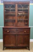 LATE REGENCY MAHOGANY SECRETAIRE BOOKCASE, plain cornice, pointed astragal glazed doors,