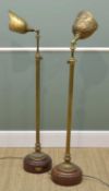 NEAR PAIR TELESCOPIC BRASS STANDARD LAMPS, with hinged helmet-shaped shades, one the trophy and