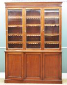 19TH CENTURY MAHOGANY TRIPLE BOOKCASE, shaped cornice and plain frieze above three glazed doors