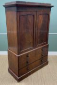 19TH CENTURY MAHOGANY LINEN PRESS, angled cornice above arched panelled door enclosing singled