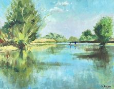 ‡ ANNA POYLA oil on canvas - entitled 'Paddleboarding on the Wye', 40 x 51cms