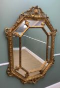 LARGE GEORGIAN STYLE GILT MARGINAL MIRROR, octagonal with rococo cresting, corners and base, 157 x