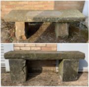 TWO HEWN LIMESTONE GARDEN SEATS, 129w x 35d x 48cm h (2)