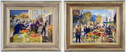 ‡ MATT BRUCE, two oils on board, 'Fruit Market' and 'Market, both signed, both 34 x 44cms (2)