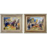 ‡ MATT BRUCE, two oils on board, 'Fruit Market' and 'Market, both signed, both 34 x 44cms (2)