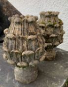 PAIR COMPOSITE STONE PINEAPPLE ORNAMENTS, 33cm h (2)