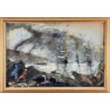 ‡ EVAN JOHN oil on board - inscribed verso 'Ships involved Frigete la Resistance, la Venqeuce, la