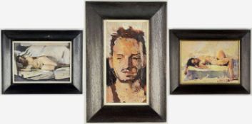 ‡ ROI SHAPIRO, three oils on board - 'Benny', signed and dated 2011, 26 x 13cm; together with