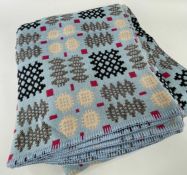 GOOD WELSH WOOLLEN TAPESTRY BLANKET (CARTHEN), duck egg blue/scarlet/charcoal/cream, double sided.