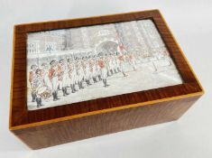 BOXWOOD STRUNG CIGAR BOX WITH REGINALD AUGUSTUS WYMER (1839-1945) PAINTED LID, top inset with