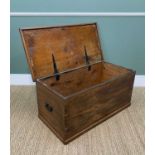 VINTAGE STAINED PINE BLANKET BOX, black painted handles, 98cm w