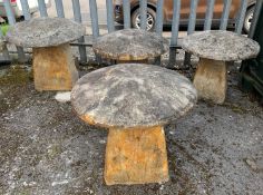 FOUR COMPOSITION STONE STADDLE STONES, with hollow bases, 60d. x 56cm h (4)