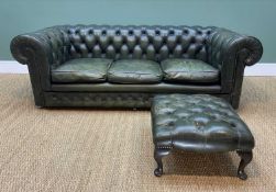 VICTORIAN-STYLE GREEN LEATHER CHESTERFIELD SOFA & STOOL, sofa 210cm w. (2) Comments: leather creased