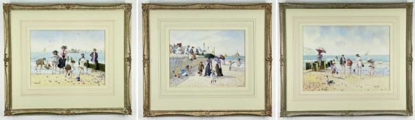 ‡ ALBERT W SMITH three watercolours - including Edwardian family paddling on a beach with pier in