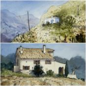 ‡ GARETH THOMAS watercolours - whitewashed cottage on hillside, entitled verso 'House at Matale,
