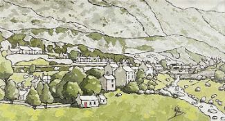 ALAN WILLIAMS acrylic on board - village below mountains, entitled verso 'Blaenau Ffestiniog',