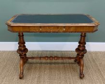 MID-VICTORIAN WALNUT TABLE, chamfered rectangular top inset with rexine writing surface, frieze
