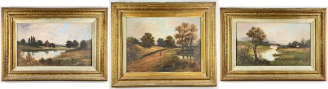 THREE BRITISH SCHOOL OIL PAINTINGS, late 19th / early 20th century, riverscapes with buildings,