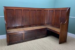 JOINED ELM CORNER SETTLE, c.1800, panelled backs above box and open seat sections, 214 x 123 x