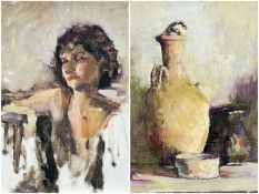 ‡ ROI SHAPIRO, two oils on board - still life of a pottery flask, 33 x 23cm; portrait of a lady,