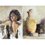 ‡ ROI SHAPIRO, two oils on board - still life of a pottery flask, 33 x 23cm; portrait of a lady,