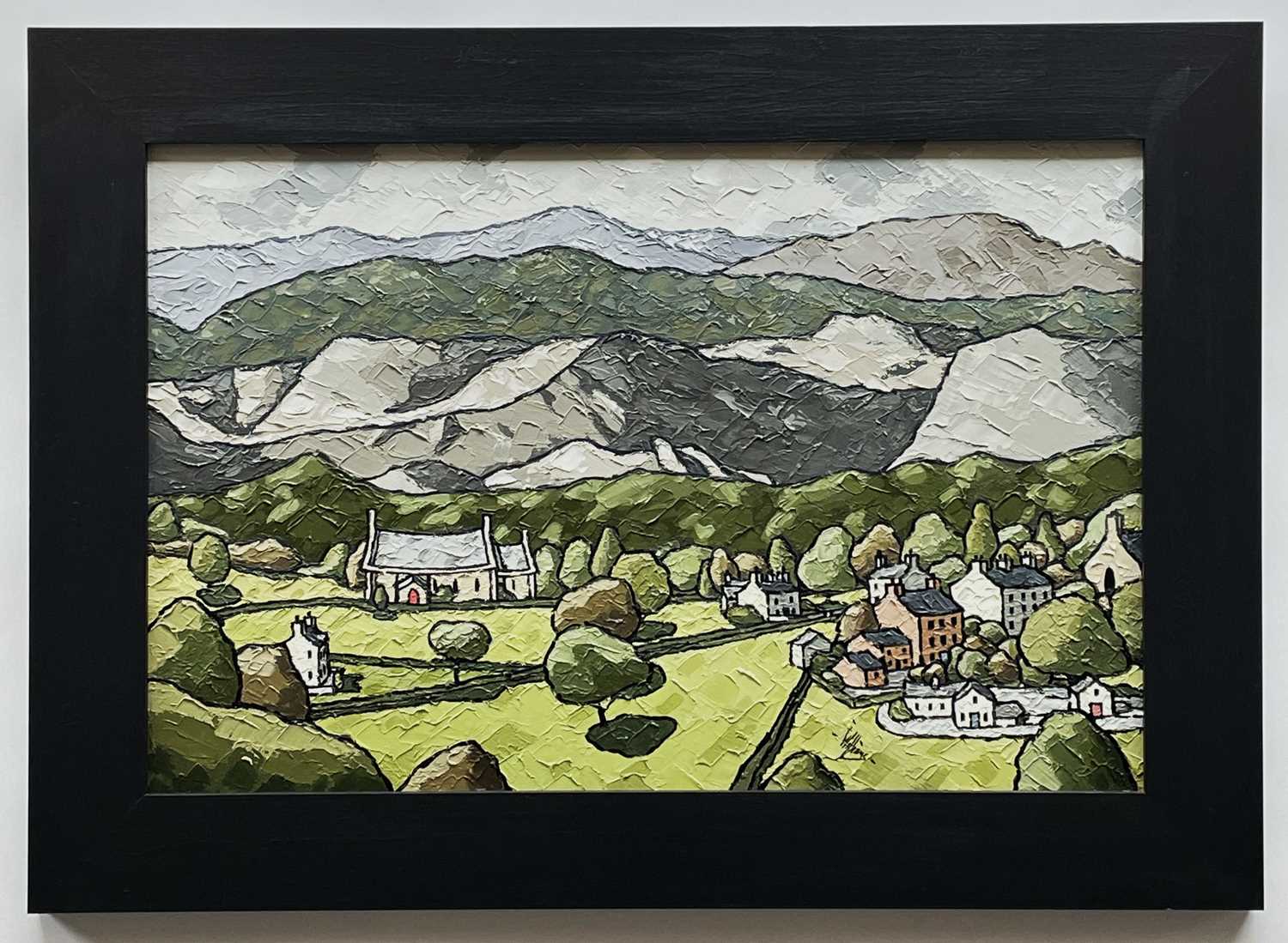 ALAN WILLIAMS, acrylic on canvas - church and nearby village in Snowdonia, entitled verso 'Llan - Image 2 of 2